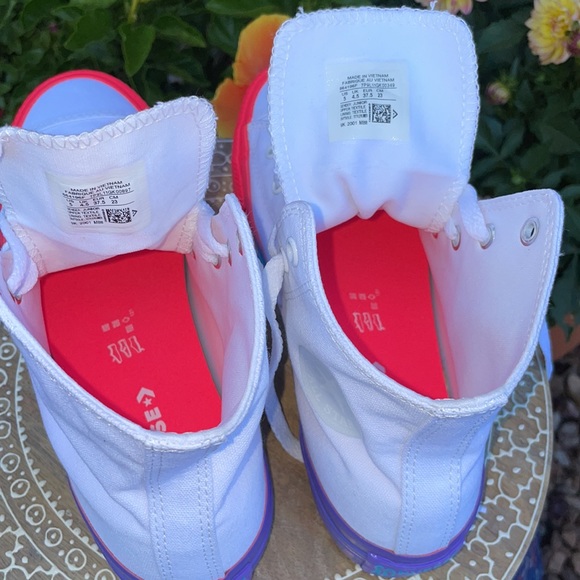 New White & Two-Tone Neon Pink & Turquoise Converse Hi Top Sneakers - Picture 12 of 13